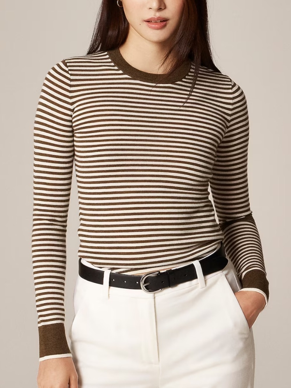 J crew ivory heather elm Carolyn fitted crewneck sweater stripe merino wool